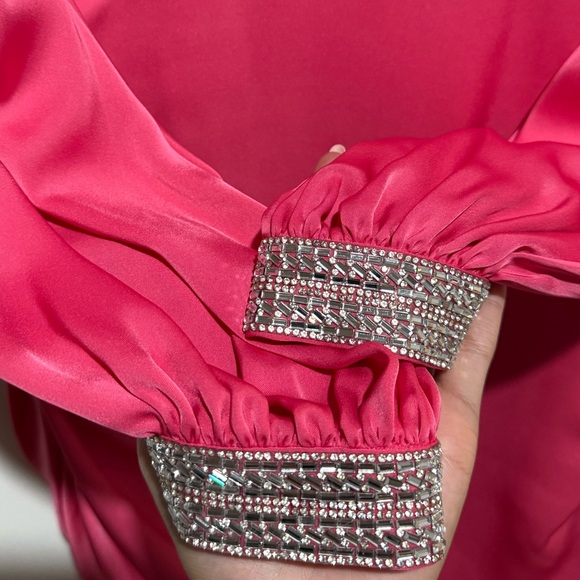 Ramy Brook Bright Pink Long-Sleeve Ruched V-Neck Mini Dress - Picture 5 of 6